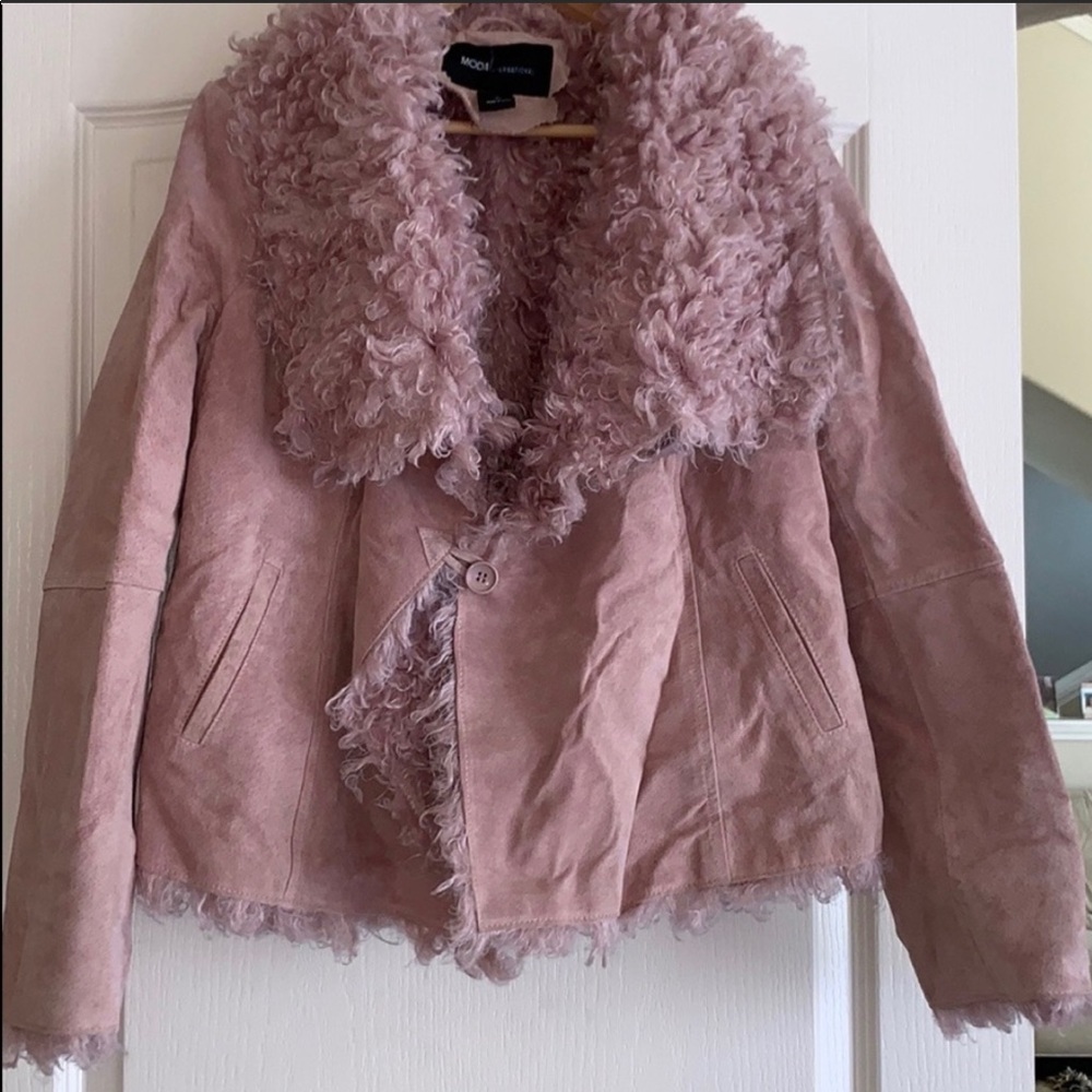 New Pale Pink Suede Mongo Trim Moto Coat